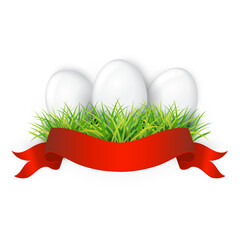 White Easter eggs in green grass and ribbon. Isolated on white background. Element for festive easter design