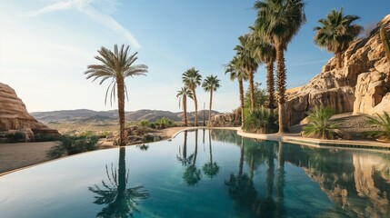 Fototapeta na wymiar A tranquil desert oasis with palm trees and a shimmering pool of water, a refuge in the arid landscape