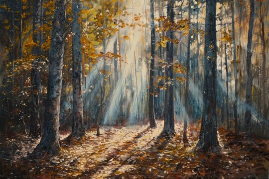 A painting depicting a sunbeam shining through the dense forest, casting a warm glow on the trees and foliage