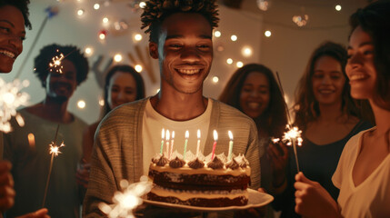 A man holding a birthday cake with lit candles and sparklers surrounded by friends.