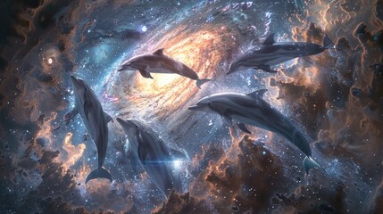 Dolphins leaping from a planets surface into the vacuum of space surrounded by a swirling galaxy - obrazy, fototapety, plakaty