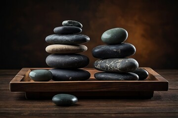 Amazing spa stones stones arranged in a perfect pyramid on wooden background.