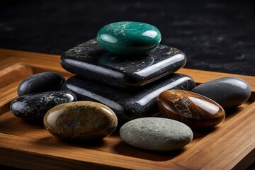 A creative and interesting composition of spa stones arranged in a variety of styles and variations on a wooden tray set against a dark and dramatic backdrop.