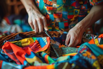 Person Cutting Fabric With Scissors - obrazy, fototapety, plakaty