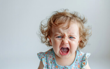 A baby girl with red hair and a blue dress is crying. She has her hair in pigtails. Closeup photo of a cute little baby girl child crying and screaming isolated on white background.
