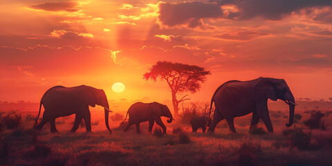  Stunning  safari scene at sunset with elephants giraffes and  under a fiery sky Majestic Safari Sunset Elephants and Giraffes Silhouetted. - obrazy, fototapety, plakaty