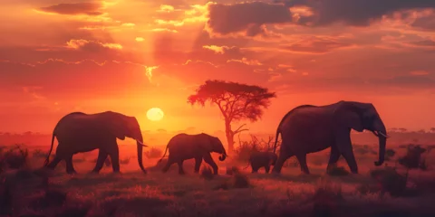 Rolgordijnen  Stunning  safari scene at sunset with elephants giraffes and  under a fiery sky Majestic Safari Sunset Elephants and Giraffes Silhouetted. © kalsoom