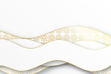 Abstract elegant 3d paper cut background, arabic geometric pattern with golden lines. Wave overlapping with shadow modern concept.