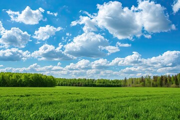 Fototapeta premium Spring landscape. Clouds moving in clear blue sky over the green field and trees. Green forest seen in distance on horizon line. Wide shot.