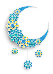 Paper graphic of islamic crescent moon, star shape. Islamic decoration. Ramadan Kareem holiday background. Blue and yellow