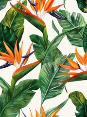 A painting featuring vibrant tropical flowers and lush green leaves set against a clean white background, creating a striking contrast