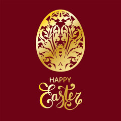 Paper art golden easter egg. 3d ornate paper carve egg shape. Holiday decorative element. Vector illustration