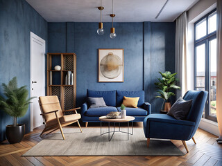 Naklejka na ściany i meble Modern living room Interior design with dark blue sofa and furniture in Scandinavian apartment.