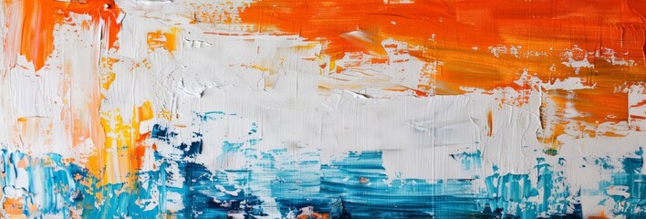 This abstract painting features a vibrant blend of orange, blue, and white colors creating dynamic movement and contrast on the canvas