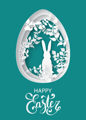 Easter spring forest with grass, branches, leaves, trees and rabbit. Easter egg shape. Holiday, nature and animals idea.