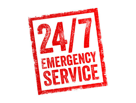 24 7 Emergency Service - a service or assistance that is available around the clock, 24 hours a day, 7 days a week, for handling urgent or emergency situations, text concept stamp