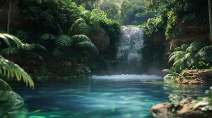 A tranquil waterfall cascading into a crystal-clear pool surrounded by lush greenery - Powered by Adobe