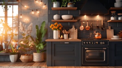 a kitchen with a stove top oven sitting next to a potted plant and potted plants on a shelf.