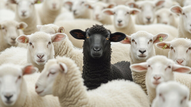 black sheep among a flock of white sheep