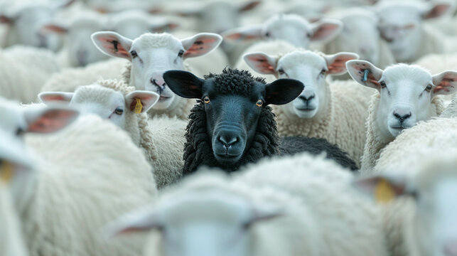 black sheep among a flock of white sheep