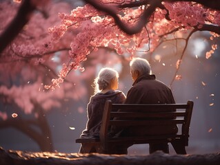 Elderly Couple Enjoying Cherry Blossoms in the Park at Sunset
