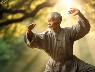 Foto op Canvas An Elderly Man Practices Tai Chi in a Sunlit Park © P-O-P