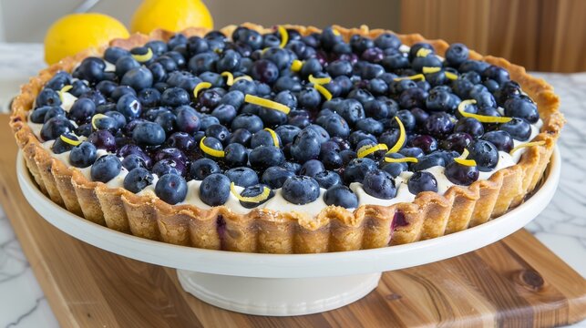  a pie with blueberries and lemons on top of a white plate on a wooden cutting board next to a lemon wedge.