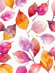 A vibrant painting featuring colorful leaves in various shades, shapes, and sizes set against a plain white background