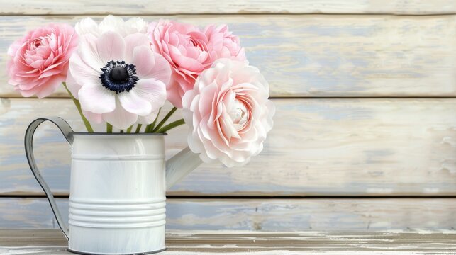  a white watering can filled with pink flowers on top of a wooden table next to a white painted wooden wall.