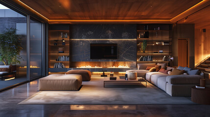 Illuminated Elegance: Open Living Room with Fireplace and Bookcase
