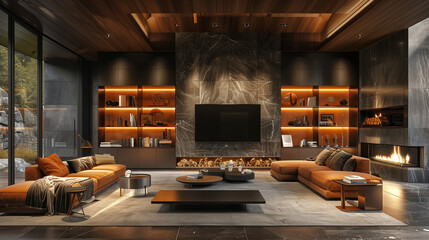 Contemporary Elegance: Open Living Room with Marble TV and Bookcase
