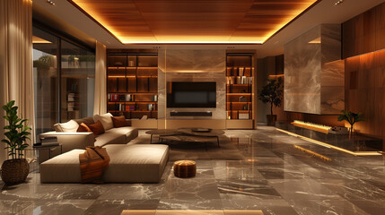 Contemporary Elegance: Bright Color Apartment with Marble TV and Bookcase
