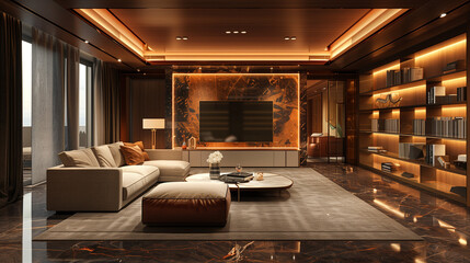 Nighttime Glamour: Luxurious Open Living Room with Fireplace Centerpiece
