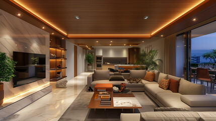 Luxurious Interior Design: Open Plan Living Room Illuminated by Night Lights
