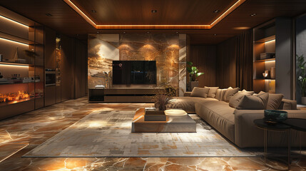 Luxe Open Living Space: Stone Flooring and Wooden Ceiling Highlighted
