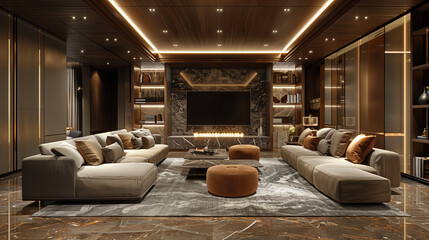Nighttime Illumination: Elegant Open Living Room with Marble Accents
