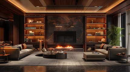 Opulent Nighttime Retreat: Luxurious Open Living Room with Stone Flooring
