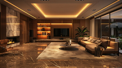 Sophisticated Nighttime Retreat: Luxe Open Living Room with Fireplace
