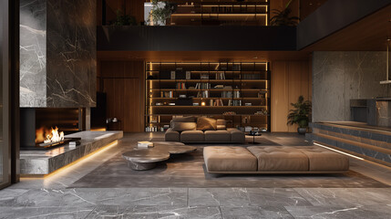 Contemporary Elegance: Bright Color Apartment with Marble TV and Bookcase
