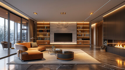 Nighttime Radiance: Luxurious Open Living Room with Marble Accents