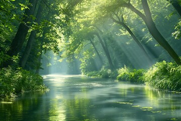 A tranquil river winding through a peaceful forest, with sunlight streaming through the canopy above