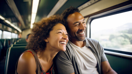 Mixed race middle aged couple travelling by train, responsible travel concept