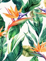 A vibrant watercolor painting featuring tropical leaves and flowers in a detailed and colorful style
