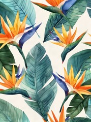 Tropical leaves and flowers arranged in a pattern on a white background