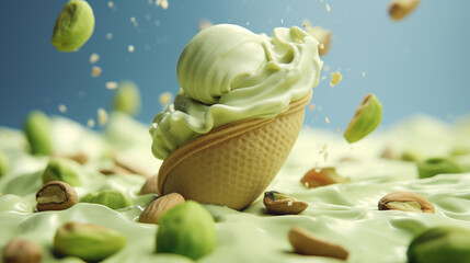Green pistachio ice cream with nuts ingredients, dessert food background