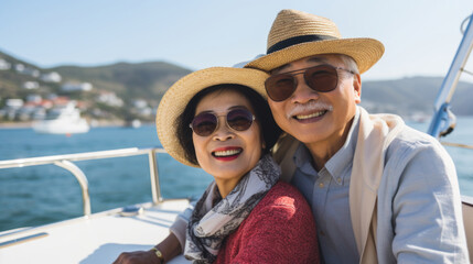 Smiling middle aged asian couple enjoying leisure sailboat ride in summer