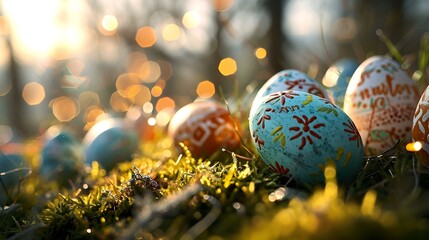 Fototapeta na wymiar easter eggs on the grass background 
