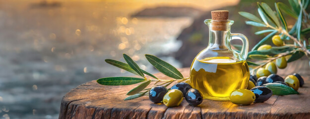 Olive oil bottle with fresh olives on a wooden table at sunset. Panorama with copy space.