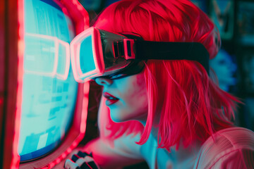 Close-up profile portrait of a beautiful girl with fiery red hair and vr headset, watching program on old tv screen from up close. Retro futuristic style, concept of hypnotized tv viewers and audience
