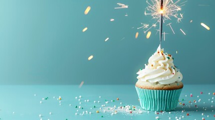 Cupcake decorated with sparkler against blue background.